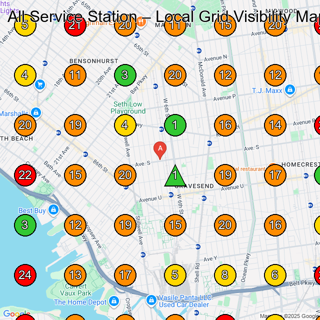 All Service Station Auto Auction GeoGrid ranking map for Brooklyn NY